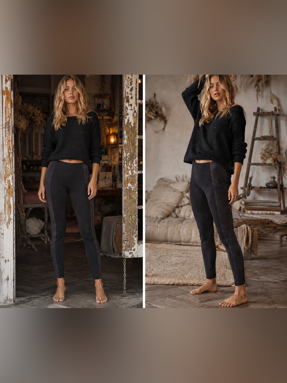 LYSSÉ Faux Suede Panel Leggings Pants Black Pull On Slim Tapered Medium